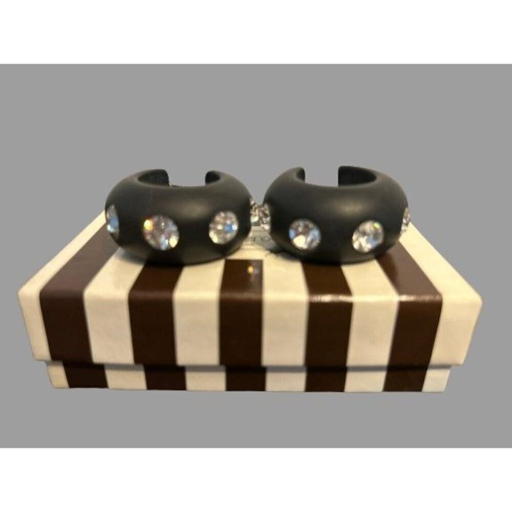 HENRY BENDEL Hoop Earrings Black with Crystals 1.25"